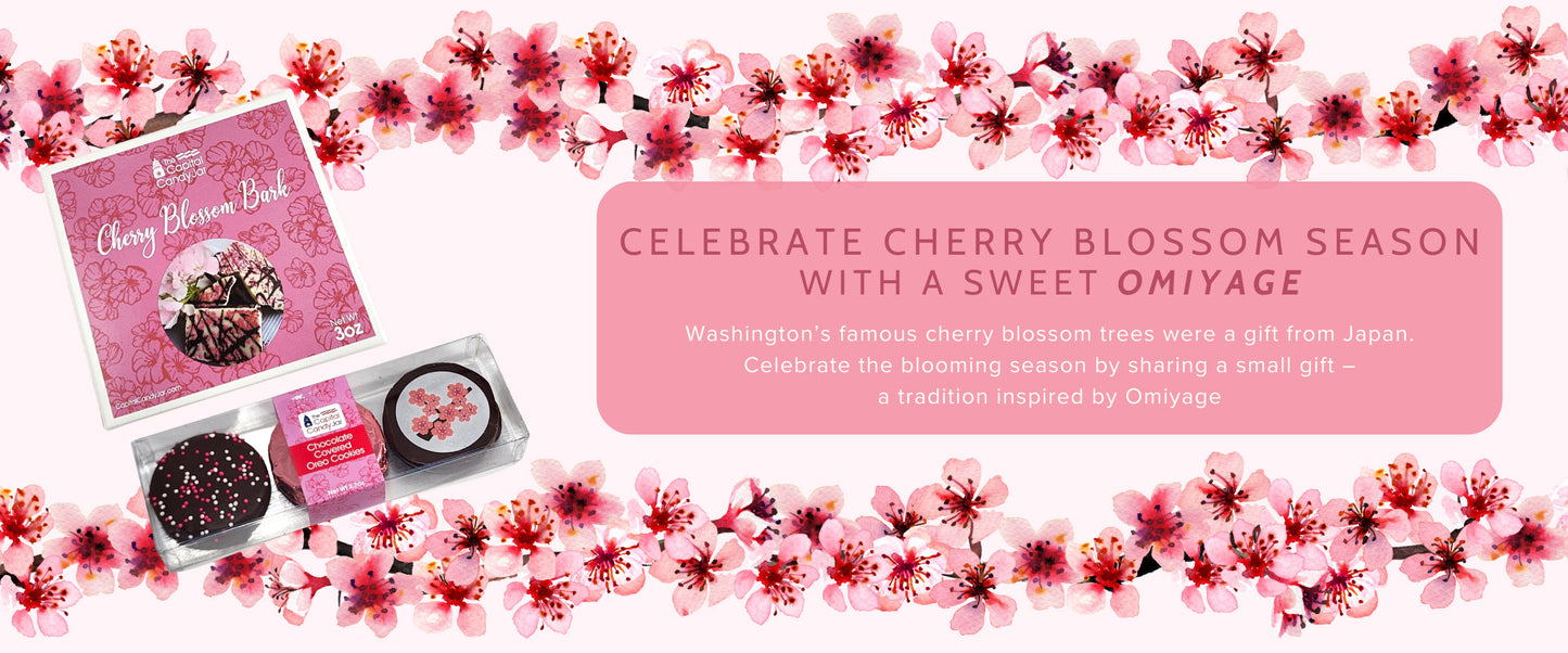 Celebrate Cherry Blossom Season with a sweet Omiyage.  Washington's Famous cherry blossom trees were a gift from Japan.  Celebrate the blooming season by sharing a small gift - a tradition inspired by Omiyage.