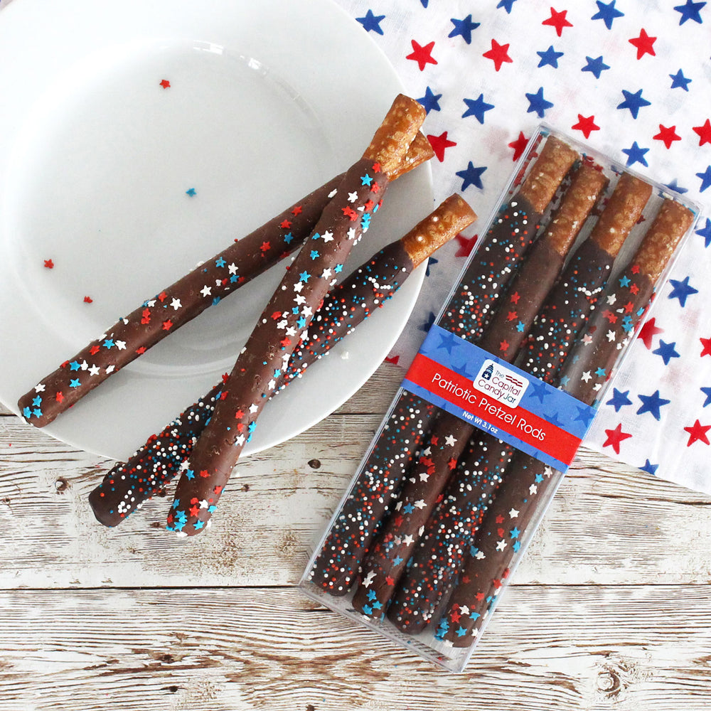 Chocolate Covered Pretzel Rods- Patriotic (4 Pretzels)