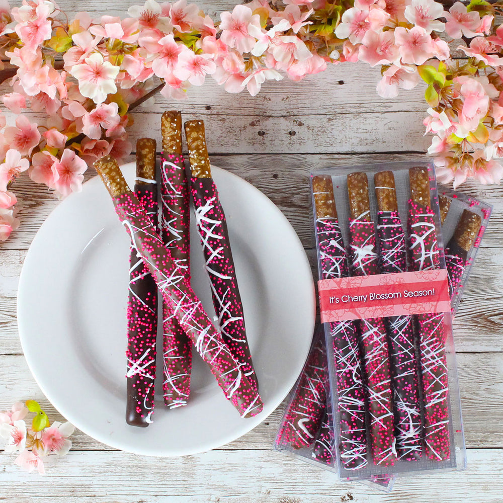 Chocolate Covered Pretzel Rods- Cherry Blossom (4 Pretzels)